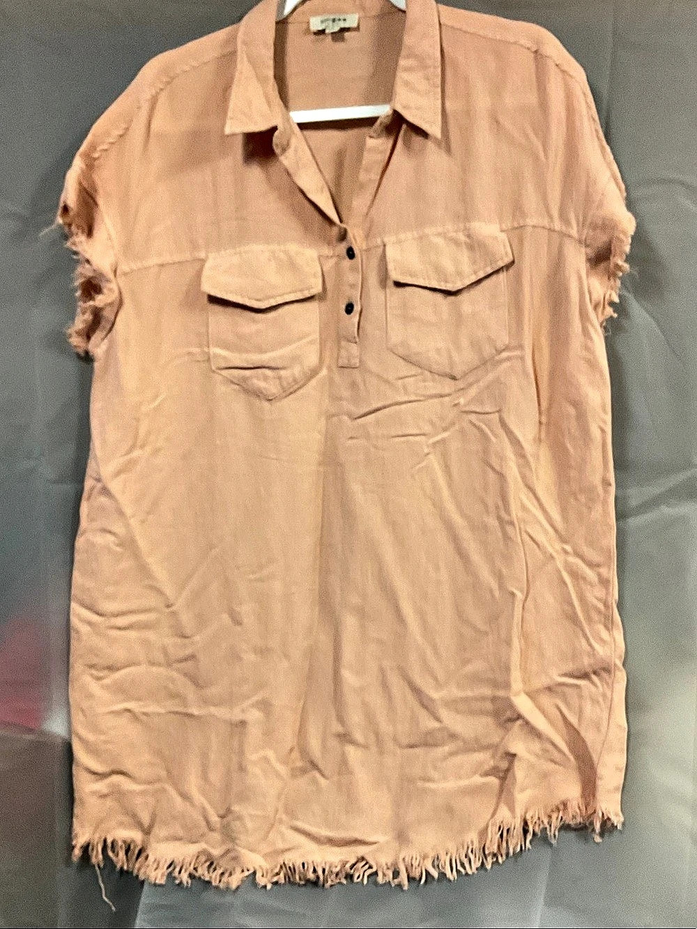 Umgee Women's Fringed Button Front Tunic in Pink Size Large